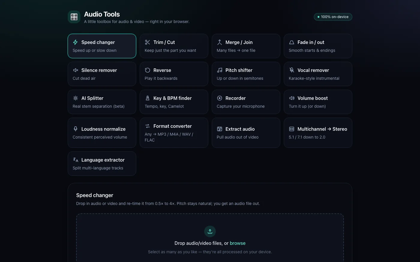 Audio Tools toolbox with speed changer open