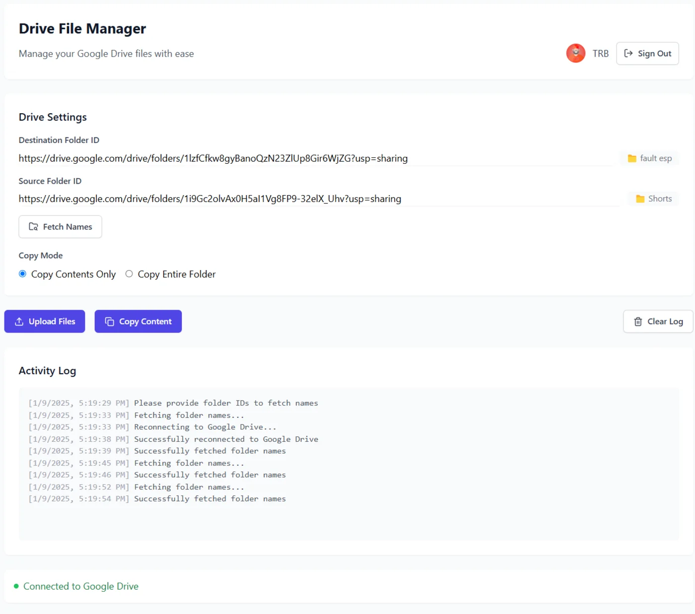 Drive File Manager running in the browser