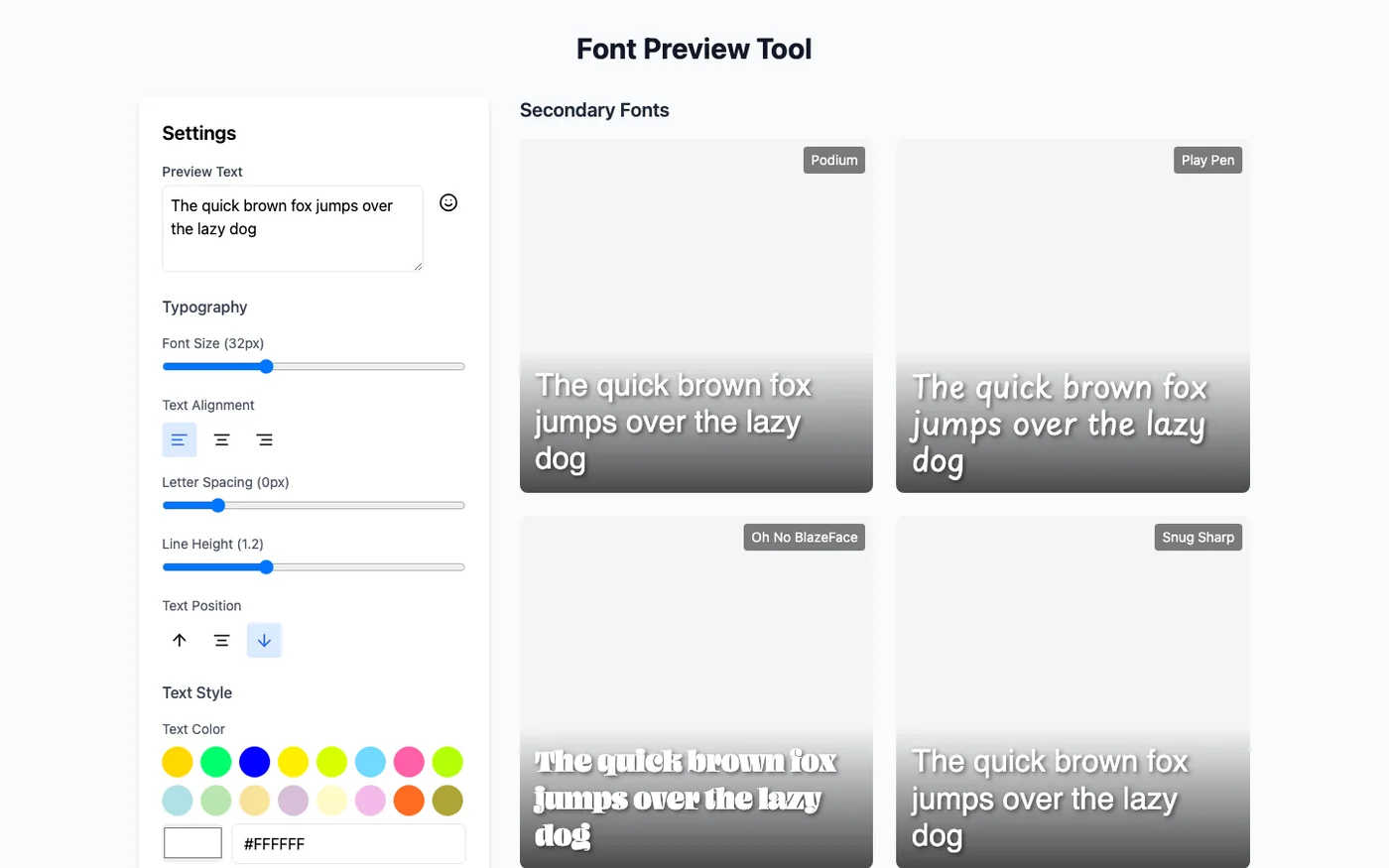 Font preview tool showing one line across eight fonts