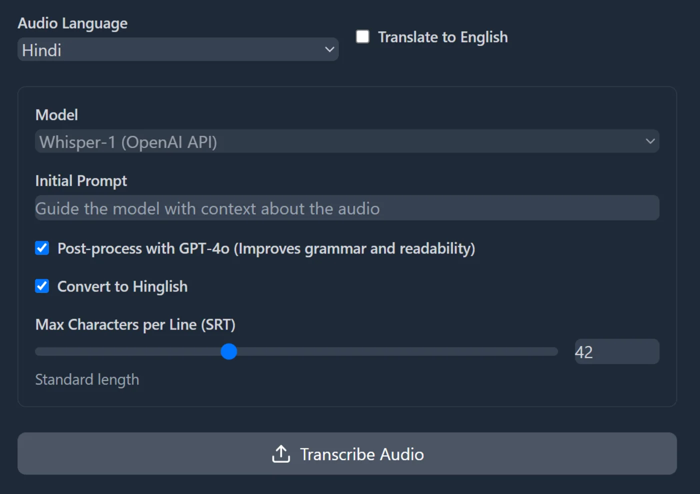 Transcription settings with Hinglish and SRT options
